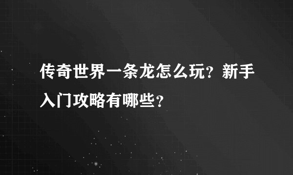 传奇世界一条龙怎么玩?新手入门攻略有哪些?
