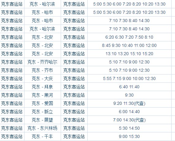克东到齐齐哈尔客车时刻表