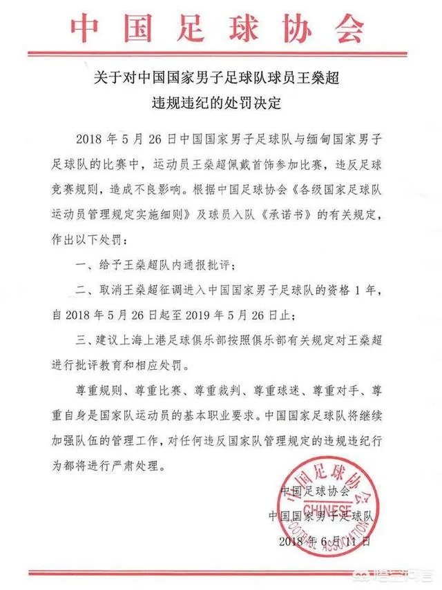 足协公布王燊超处罚公告：取消征调国家队资格一年，你怎么看？