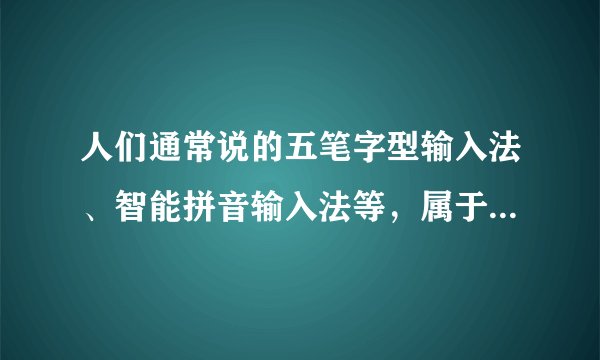 人们通常说的五笔字型输入法、智能拼音输入法等，属于汉字的（）。
